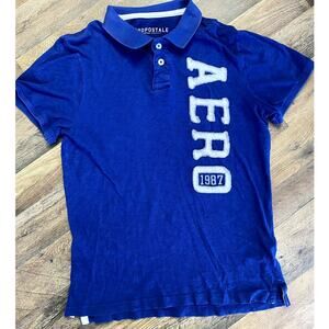 Y2K Aeropostale Blue Men's Branded Logo Short Sleeve Cotton Polo Tee L